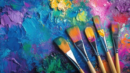 Bright splashes of color from paint and brushes lay on a canvas, showcasing an abstract and creative artistic process in progress. Generative AI