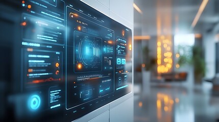 Obraz premium Futuristic smart home control panel of home appliances, sleek and modern digital interfaces perfect to create product designs or as part of smart home technology advertisements to attract consumers.