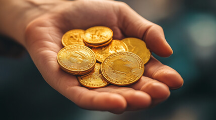 he close-up of a hand holding gold coins is a favorite for investment blogs.