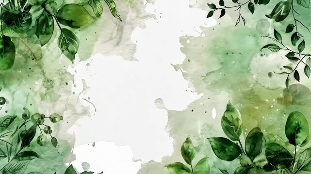 A watercolor painting with green leaves, vines, and branches on a white background