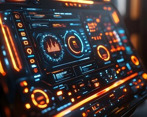 Obraz premium Futuristic smart home control panel of home appliances, sleek and modern digital interfaces perfect to create product designs or as part of smart home technology advertisements to attract consumers.