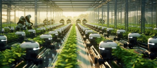 Automated Greenhouse with Rows of Robots Tending Plants