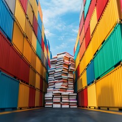 Fototapeta premium A vibrant stack of books framed by colorful shipping containers against a blue sky, symbolizing education and logistics.