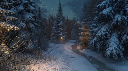 winter night landscape. snowy forest and fir branches