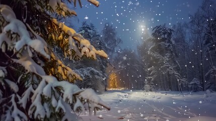 winter night landscape. snowy forest and fir branches