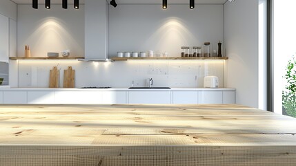 Wooden light empty table top in modern white kitchen, kitchen panel in interior