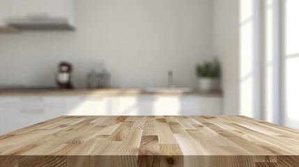 Wooden light empty table top in modern white kitchen, kitchen panel in interior