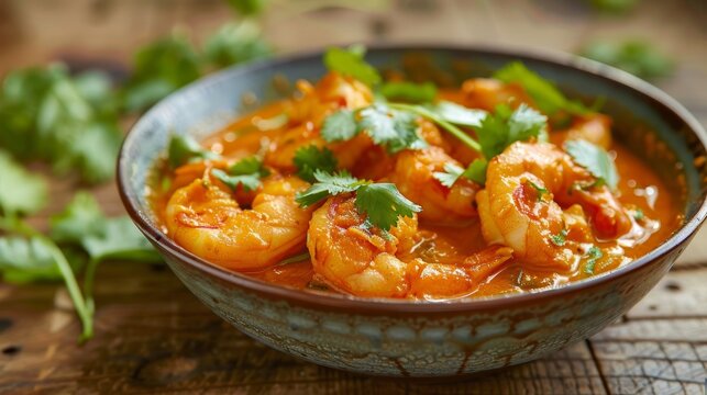 Delicious low syn goan prawn curry in a vibrant orange sauce on rustic wooden kitchen table