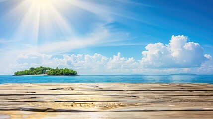 Wooden table on the background of the sea, island and the blue sky
