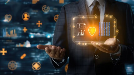 Businessman in suit holding digital screen with rising healthcare investment graph, symbolizing growth and financial success in medical sector.