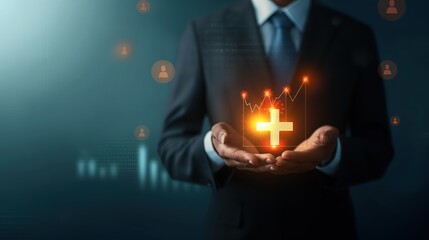 Businessman in suit holding digital screen with rising healthcare investment graph, symbolizing growth and financial success in medical sector.
