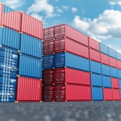 Colorful shipping containers stacked against a clear blue sky, perfect for logistics, trade, and transportation themes.