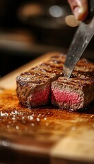 Perfectly Sliced Juicy Steak on Wooden Cutting Board - Culinary Art for Restaurant Menu Design