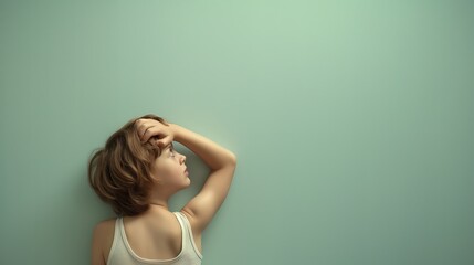 Frustrated consumer holding head, staringat blank wall with confused expression, isolated on neutral background, conveying consumer frustration and confusion