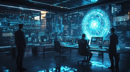 A group of cyber security professionals in a high-tech office, utilizing holographic data to manage and mitigate AI-based threats