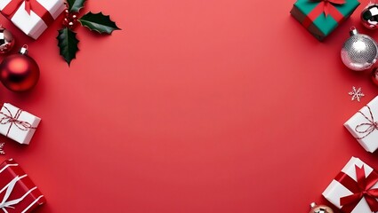 Modern Festive Red Background with Christmas Baubles Leaves and Gift Boxes for Holiday Ads.