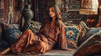 Obraz premium A woman in a Turkish caftan, sitting in a cozy room with intricate patterns and traditional carpets