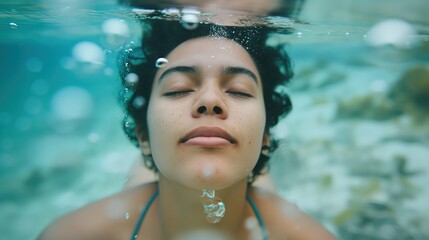 Person underwater with eyes closed, holding breath, surrounded by rising bubbles. Crystal clear water, focused on subject.