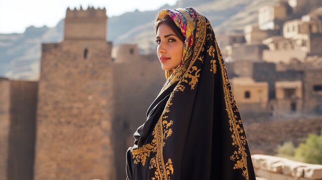 A woman in a traditional Yemeni balto, standing in front of a historical fortress in the old city