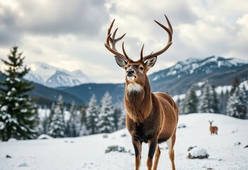 A majestic brown deer with large antlers stands in a snowy landscape, surrounded by trees and mountains, while another deer is visible in the distance, creating a serene and tranquil scene