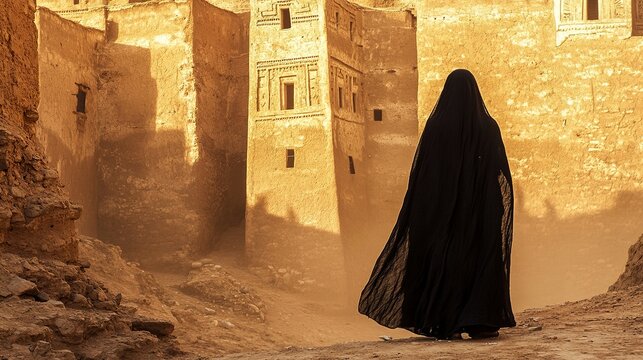 A woman in a traditional Yemeni balto, standing in front of a towering clay house in an ancient desert city.