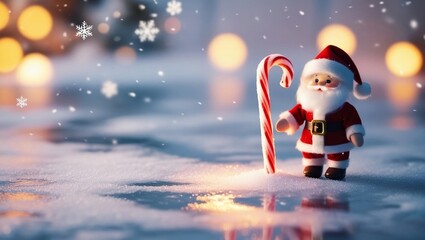  Enchanted Winter Scene A Softly Glowing Santa Doll Clutching a Sugar Candy Cane on a Dreamy Snow Covered Ground.