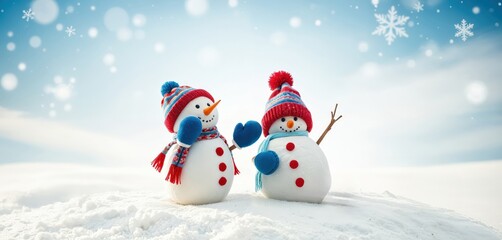 Fototapeta premium Two snowmen, one with a blue heart and the other with a red heart, stand side by side on a snowy hill, surrounded by snowflakes and a clear blue sky, creating a joyful winter scene