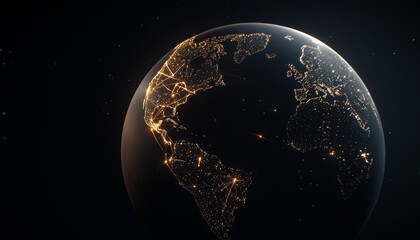 A futuristic globe, lit up by data points and lines representing the global connections between continents and major cities.