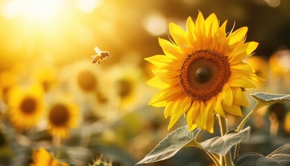 Obraz premium Sunflower Field with Bees in Bright Sunlight
