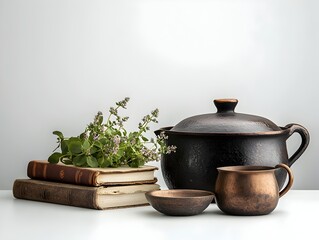 Rustic Culinary Still Life with Vintage Kitchenware and Herbs on Plain White Tabletop