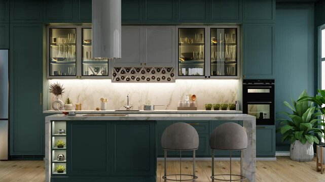 Green kitchen and minimalist interior design- 3D rendering