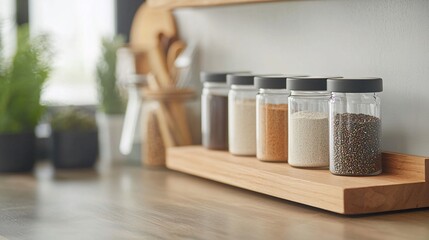 Modern Spice Rack Storage - Organized Wooden Shelves in a Minimalist Kitchen with Compact Design for Stylish Culinary Spaces