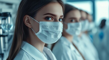 Fototapeta premium Female Doctors Wearing Protective Masks Standing In Hospital Laboratory Representing Healthcare Safety Teamwork Dedication And Professional Care