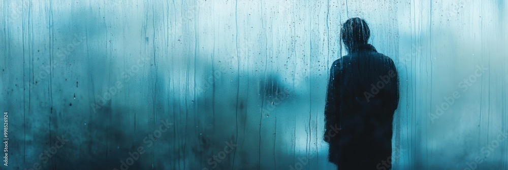 Aufkleber raindrops trace down the glass as a lone figure stands in quiet reflection, enveloped in a melanchol
