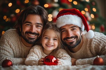 Portrait of a father and daughter in a Santa Claus hat decorating a Christmas tree. Christmas concept. Happy family decorating Christmas tree