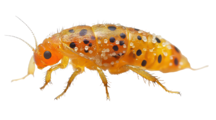 A vibrant orange insect with black spots stands out against a white background, showcasing its intricate detailing and delicate features