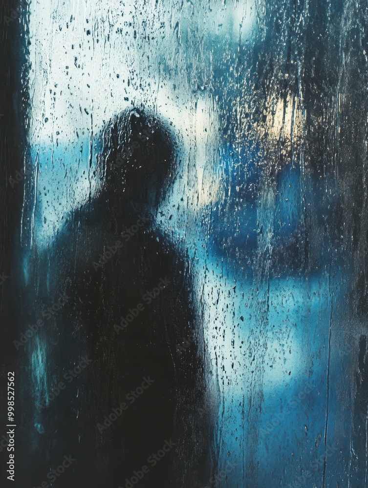 Poster a lone person stands silently by a rainy window, lost in introspection, surrounded by soft hues of b