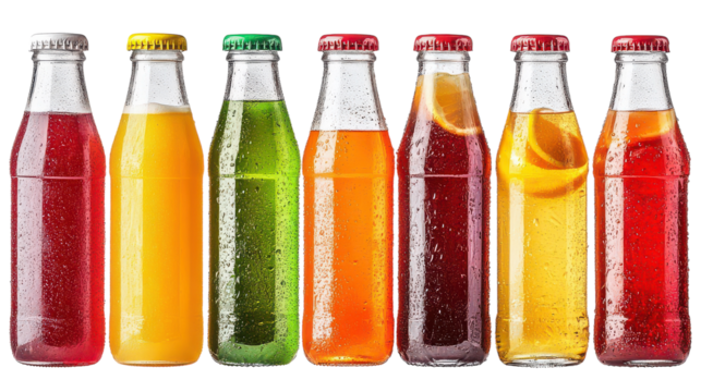 A vibrant display of colorful soda bottles lined up on a table, capturing the essence of refreshment and celebration in bright, sparkling hues
