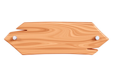 Wooden arrow plaque with cracks and nails for text box. Cartoon 3d render illustration of signboard with brown wood texture. Vintage rustic timber plank, nameplate or board frame with fracture.