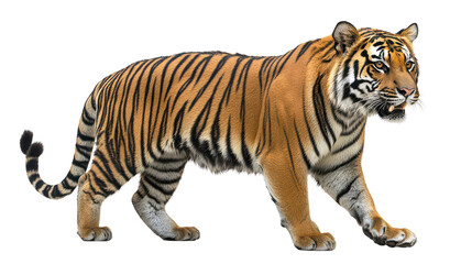 Obraz premium A majestic tiger strides gracefully through its habitat during a vibrant sunset, showcasing its striking orange and black stripes