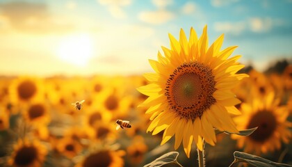 Obraz premium Sunflower Field with Bees in Bright Sunlight