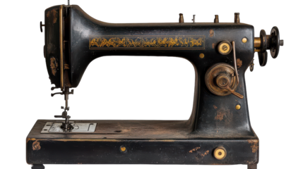 An antique sewing machine with intricate details, resting on a wooden table, capturing the essence of craftsmanship and nostalgia