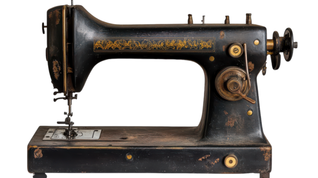 An antique sewing machine with intricate details, resting on a wooden table, capturing the essence of craftsmanship and nostalgia