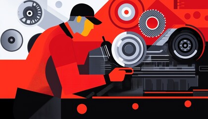 A vibrant, modern vector of a mechanic leaning over a car engine, with glowing metallic parts and simple color blocks for the tools.