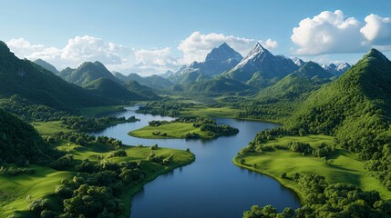 Serene Mountain Landscape with Lush Greenery and River