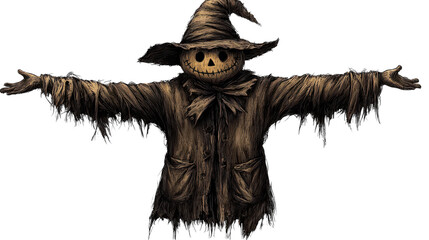 A whimsical scarecrow welcomes autumn guests under a twilight sky, adorned with tattered clothes and a joyful grin, in a vibrant harvest field