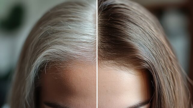 Close-up of woman's hair before and after hair dye.