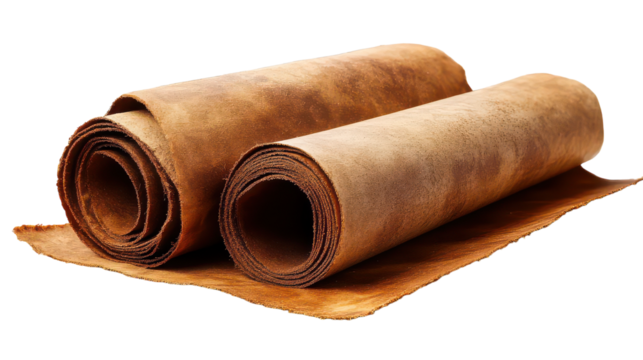 Natural leather rolls displayed on a wooden surface, showcasing texture and color in a well-lit artisan workspace