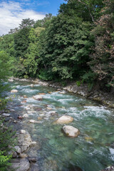 Bosques y río Passirio en la ciudad de Merano, Tirol del Sur, Italia