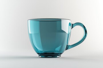 A clear blue glass mug with a rounded bottom and a handle, isolated on a white background.